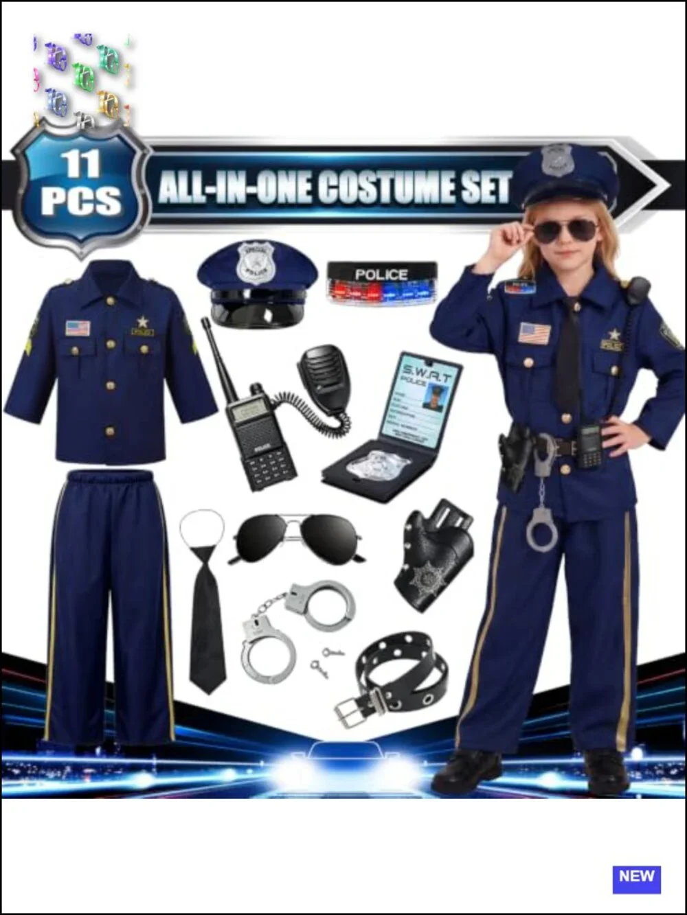 Kids Police Costume 11-Piece Set with Accessories Halloween Role Play